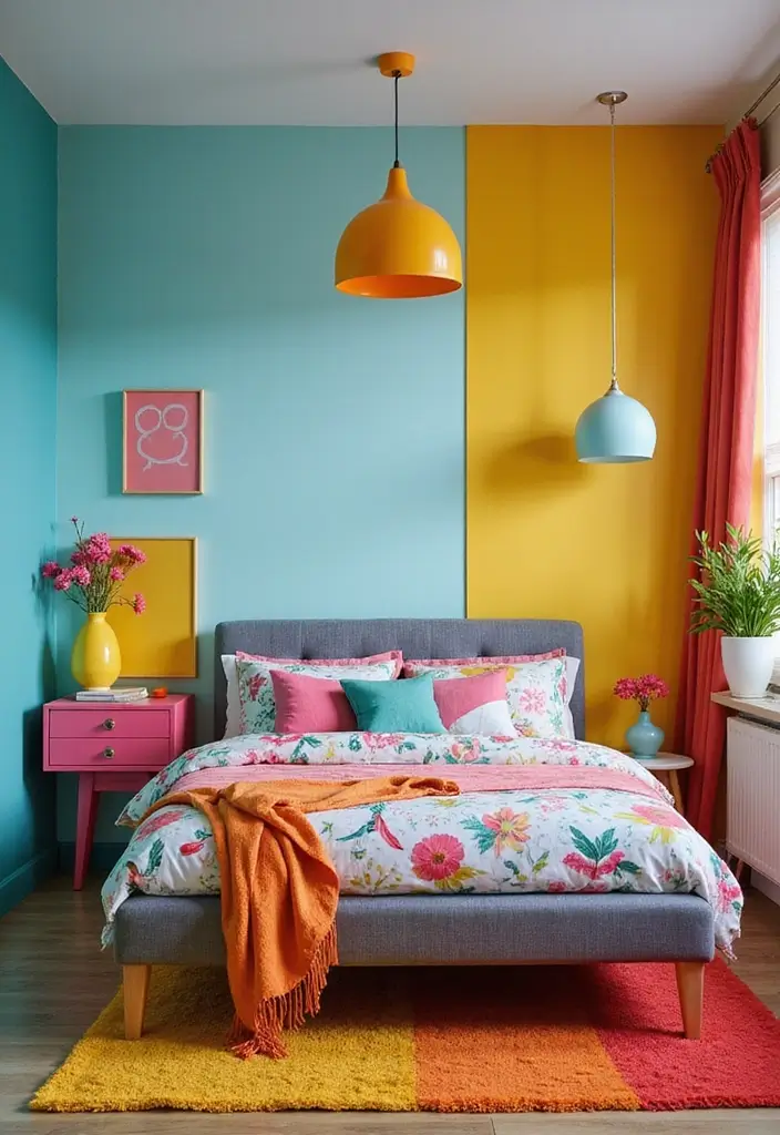 30 Bedroom Ideas with Grey Bed That Look Chic and Balanced - 11. Vibrant Contrast