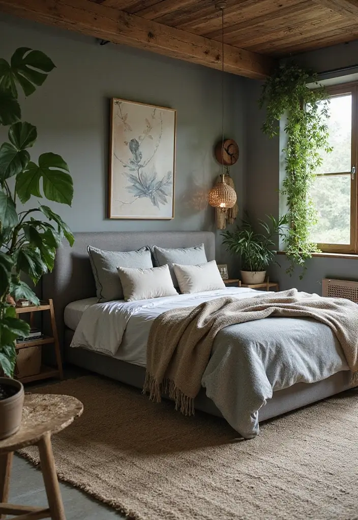 30 Bedroom Ideas with Grey Bed That Look Chic and Balanced - 12. Nature-Inspired