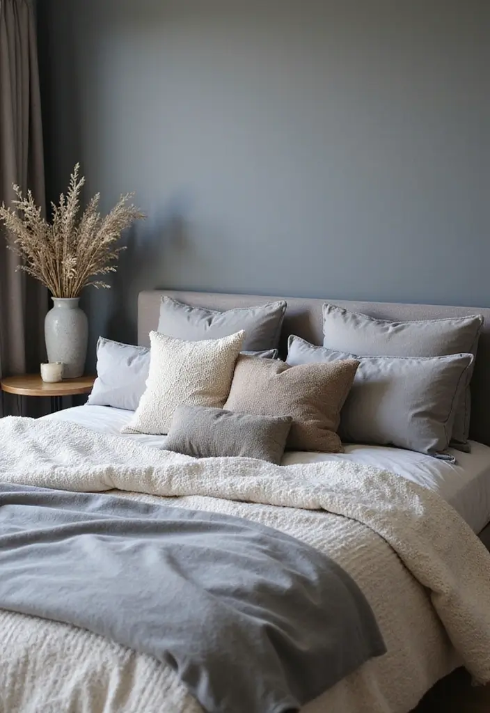 30 Bedroom Ideas with Grey Bed That Look Chic and Balanced - 13. Layered Bedding