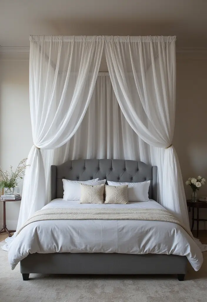 30 Bedroom Ideas with Grey Bed That Look Chic and Balanced - 14. Elegant Canopy