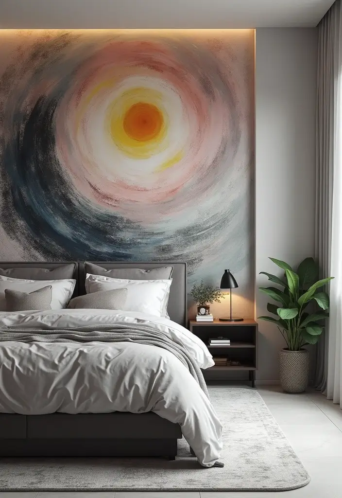 30 Bedroom Ideas with Grey Bed That Look Chic and Balanced - 18. Artistic Walls