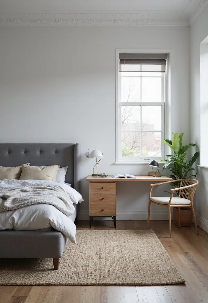 30 Bedroom Ideas with Grey Bed That Look Chic and Balanced - 19. Functional Workspace