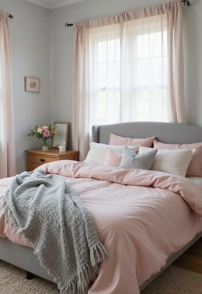 30 Bedroom Ideas with Grey Bed That Look Chic and Balanced - 2. Soft Pastels Pairing