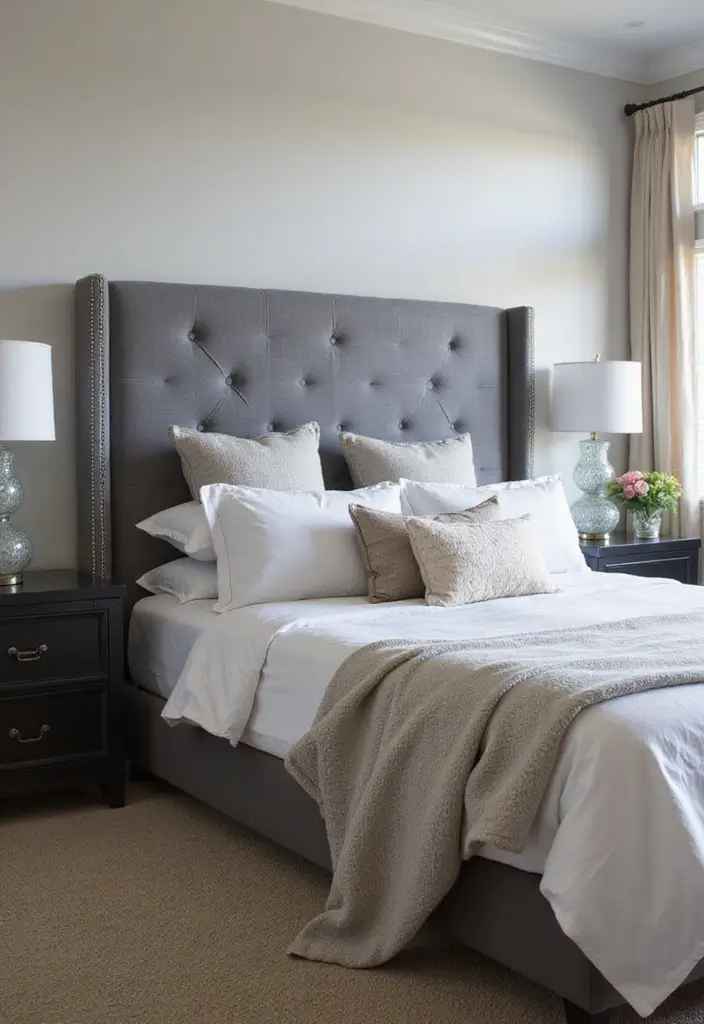 30 Bedroom Ideas with Grey Bed That Look Chic and Balanced - 20. Customized Headboard