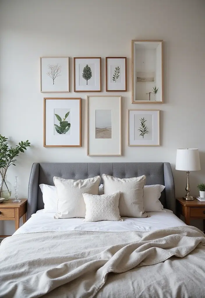 30 Bedroom Ideas with Grey Bed That Look Chic and Balanced - 25. Personal Gallery Wall