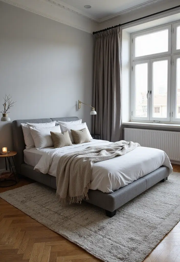 30 Bedroom Ideas with Grey Bed That Look Chic and Balanced - 28. Layered Rugs