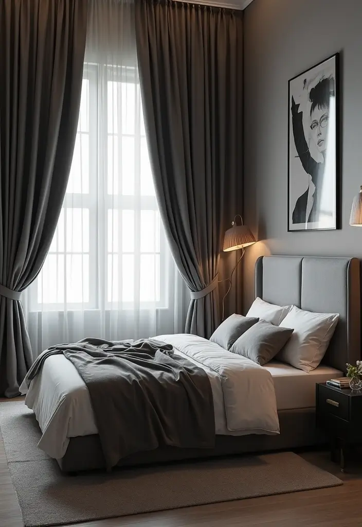 30 Bedroom Ideas with Grey Bed That Look Chic and Balanced - 29. Elegant Drapery