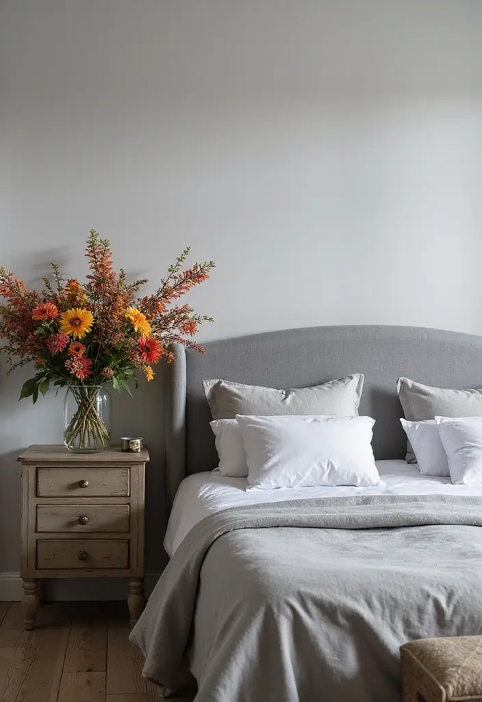 30 Bedroom Ideas with Grey Bed That Look Chic and Balanced - 30. Seasonal Floral Arrangements