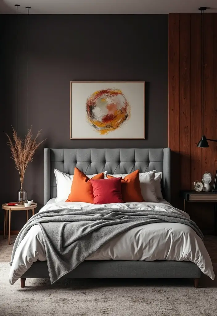 30 Bedroom Ideas with Grey Bed That Look Chic and Balanced - 5. Bold Accent Walls