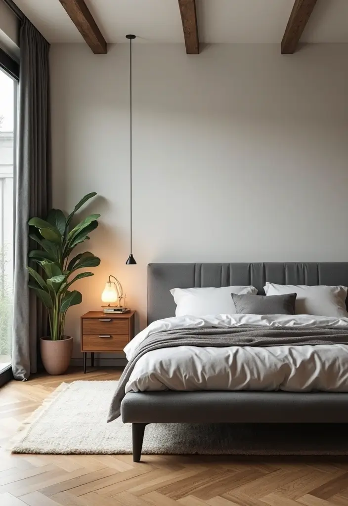 30 Bedroom Ideas with Grey Bed That Look Chic and Balanced - 8. Mid-Century Modern Flair