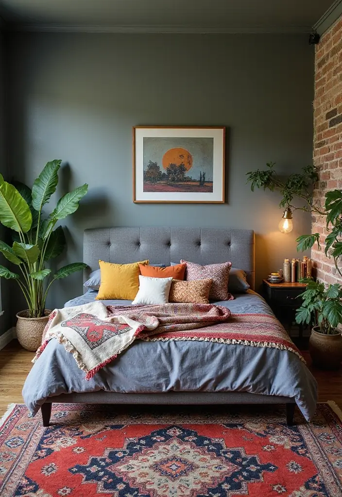 30 Bedroom Ideas with Grey Bed That Look Chic and Balanced - 9. Cozy Bohemian Nook