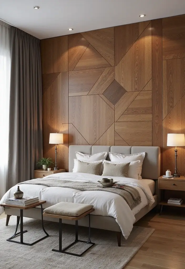 30 Bedroom Wall Paneling Ideas That Add Texture & Warmth - 26. Geometric Wood Patterns
