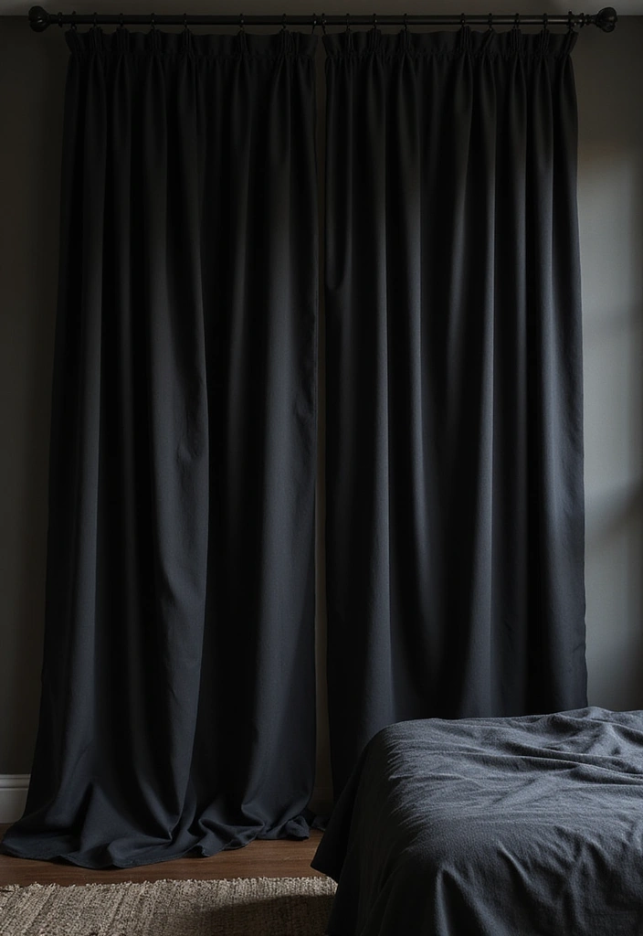 30 Black Aesthetic Bedroom Ideas That Are Sleek and Stylish - 10. Dramatic Curtains