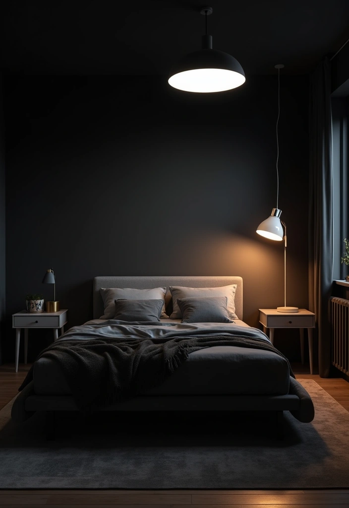 30 Black Aesthetic Bedroom Ideas That Are Sleek and Stylish - 15. Layered Lighting