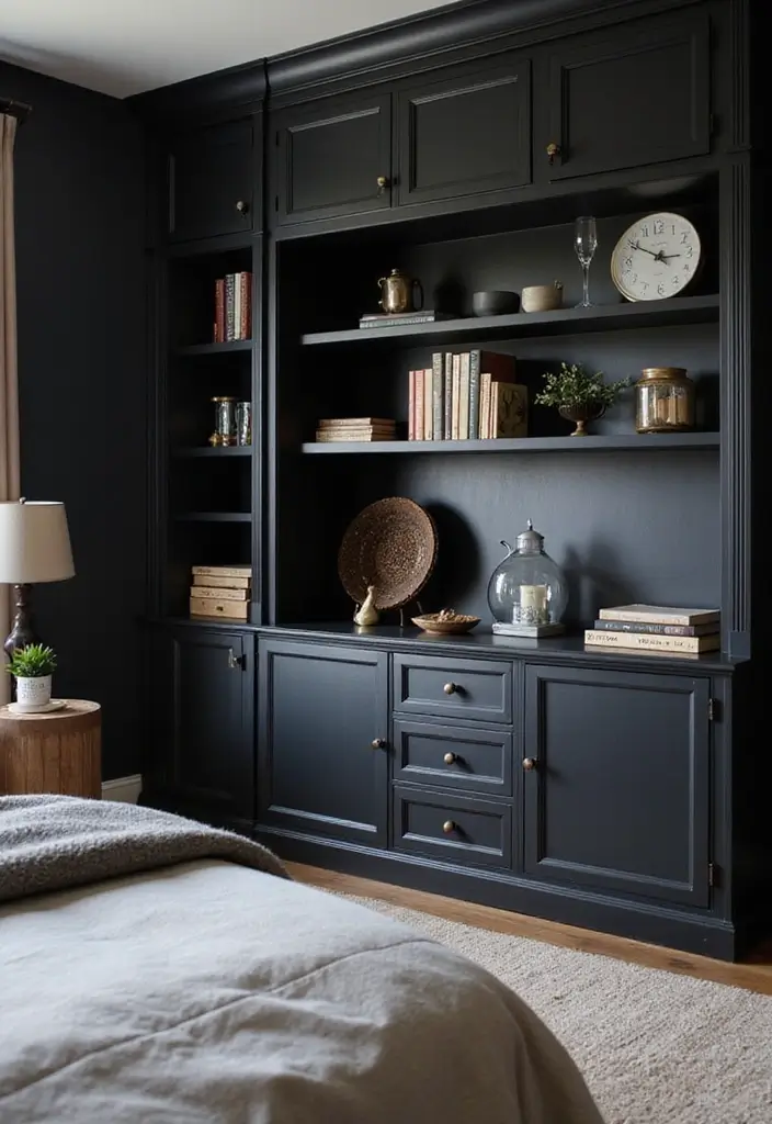 30 Black Aesthetic Bedroom Ideas That Are Sleek and Stylish - 17. Custom Built-ins