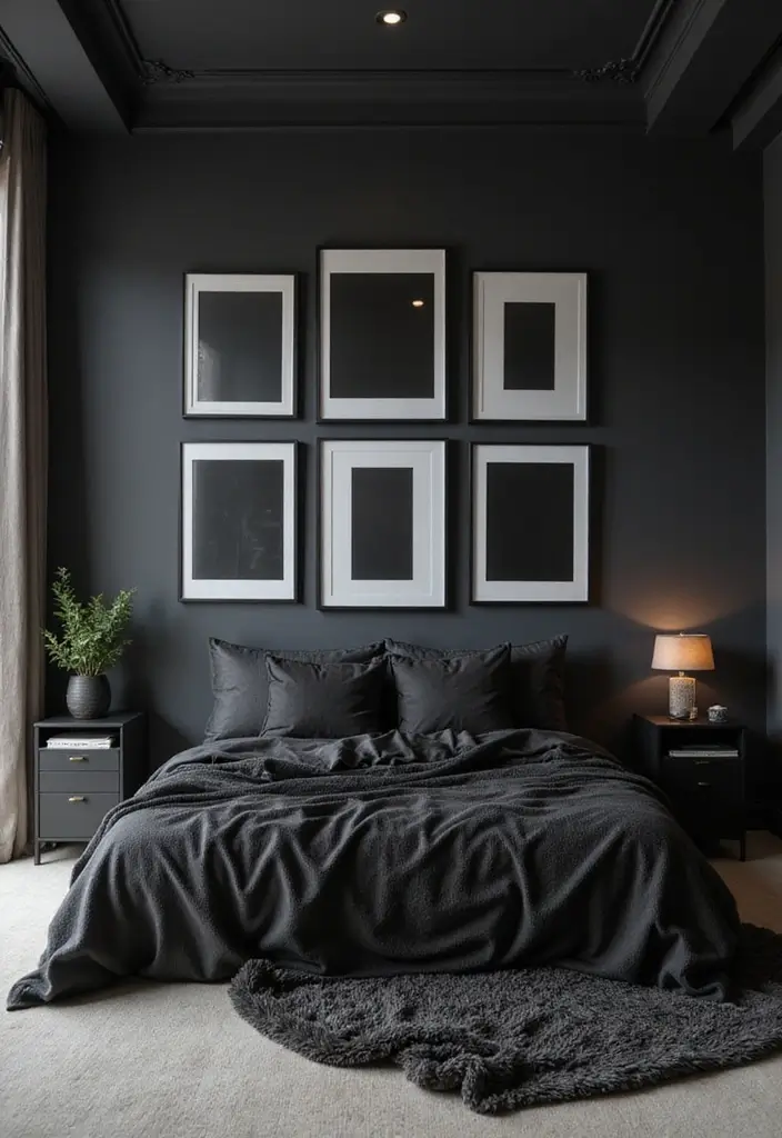 30 Black Aesthetic Bedroom Ideas That Are Sleek and Stylish - 19. Minimalist Frames for Art