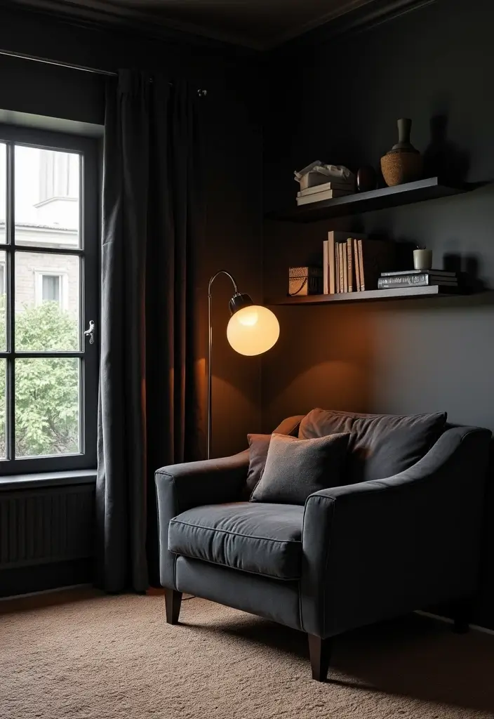 30 Black Aesthetic Bedroom Ideas That Are Sleek and Stylish - 2. Cozy Corner Nook