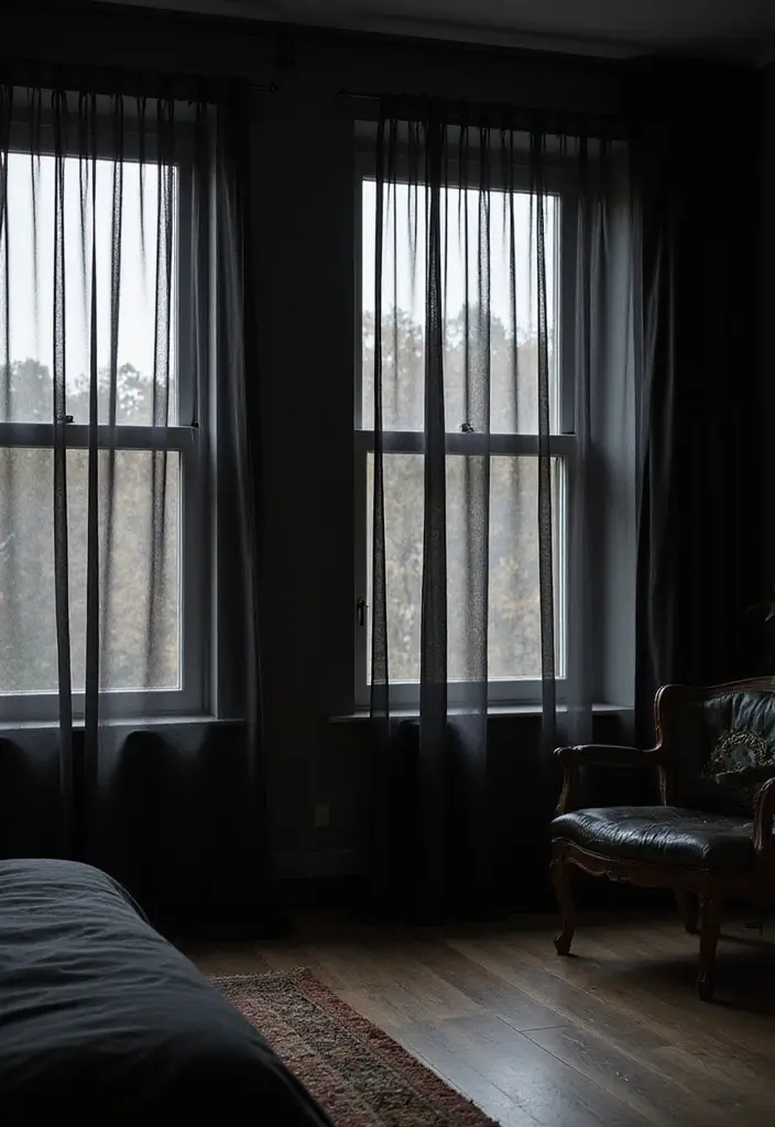 30 Black Aesthetic Bedroom Ideas That Are Sleek and Stylish - 23. Minimalist Curtains
