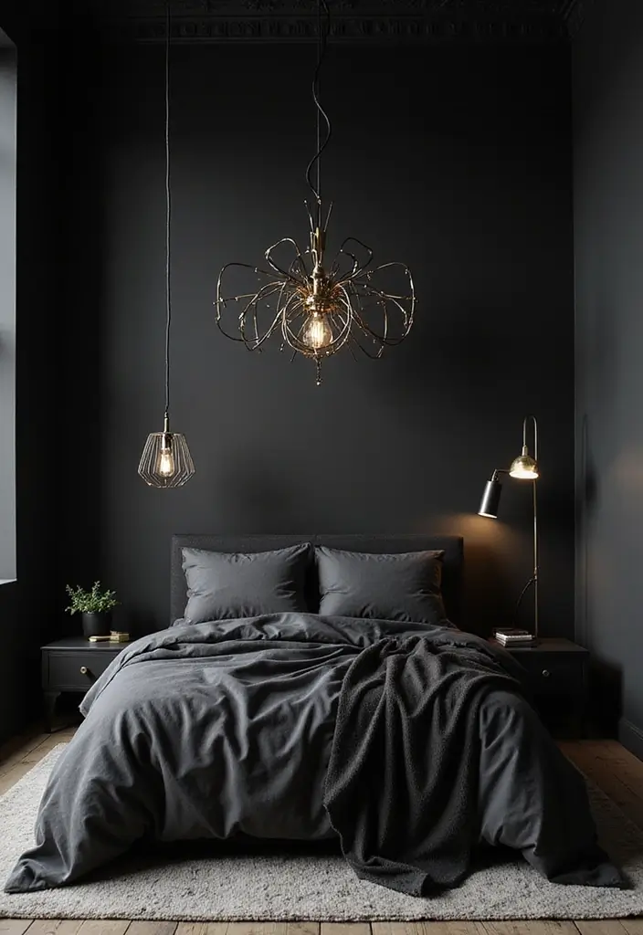 30 Black Aesthetic Bedroom Ideas That Are Sleek and Stylish - 26. Artistic Light Fixtures