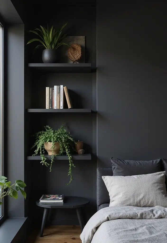30 Black Aesthetic Bedroom Ideas That Are Sleek and Stylish - 28. Open Shelving