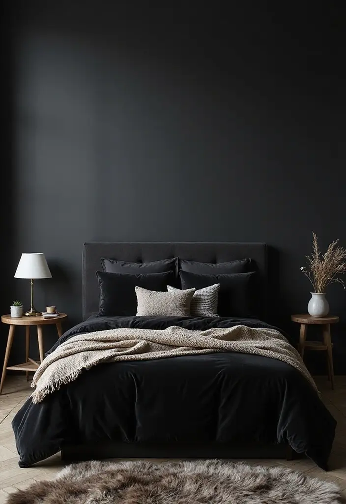 30 Black Aesthetic Bedroom Ideas That Are Sleek and Stylish - 3. Textured Layers