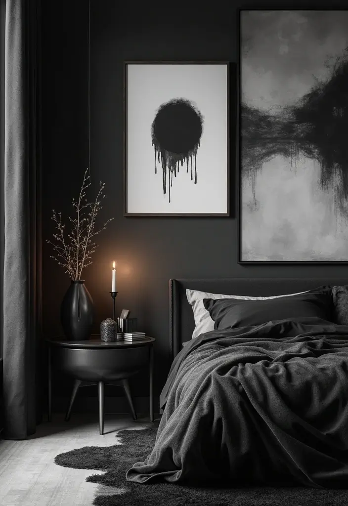 30 Black Aesthetic Bedroom Ideas That Are Sleek and Stylish - 4. Artful Accents