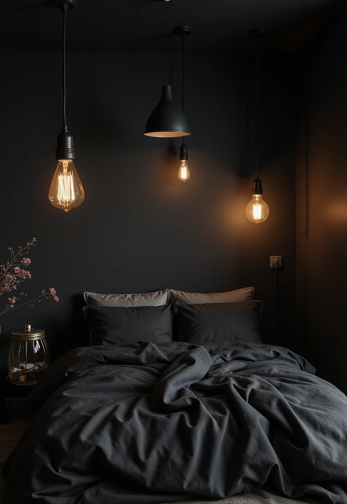 30 Black Aesthetic Bedroom Ideas That Are Sleek and Stylish - 6. Lighting Elegance
