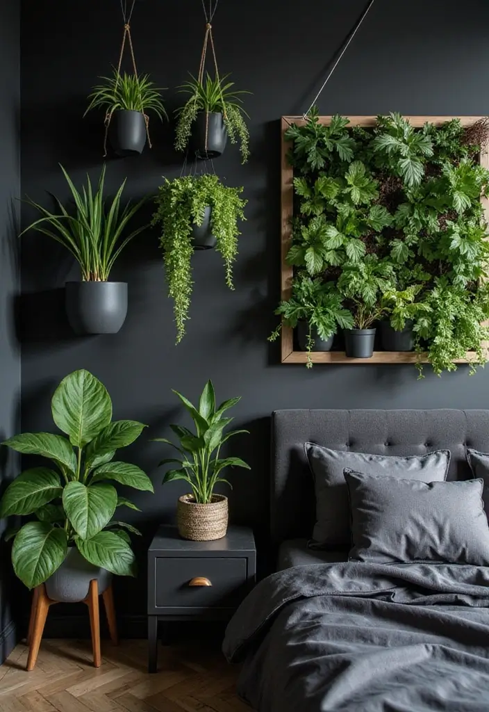 30 Black Aesthetic Bedroom Ideas That Are Sleek and Stylish - 7. Greenery Touch
