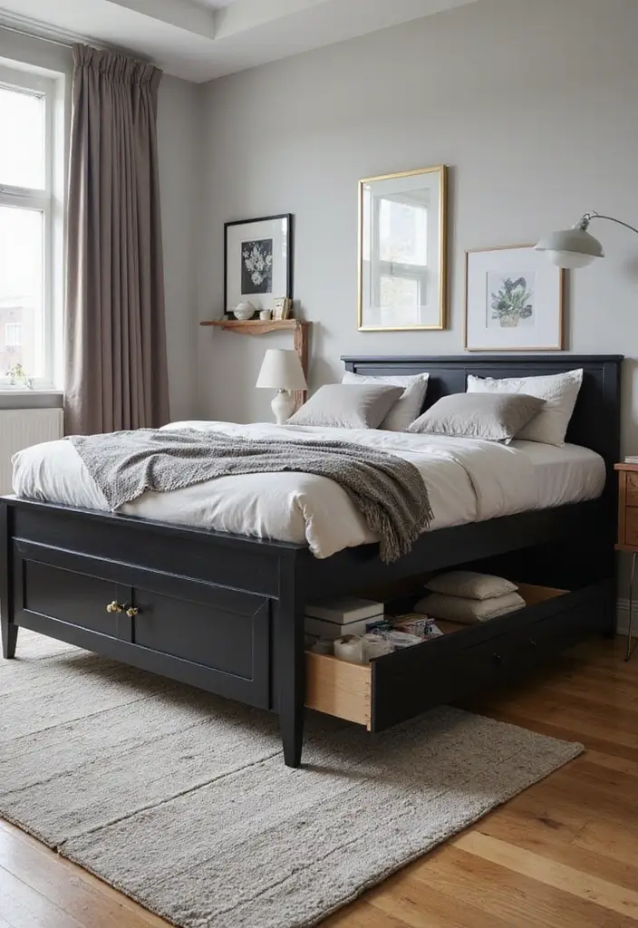 30 Black Bed Frame Bedroom Ideas That Look Strong & Stylish - 10. Black Bed Frame with Built-in Storage