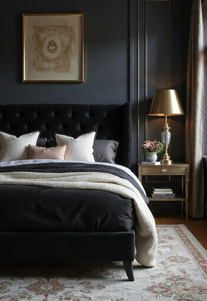 30 Black Bed Frame Bedroom Ideas That Look Strong & Stylish - 11. Black Velvet Bed Frame for Opulent Touch