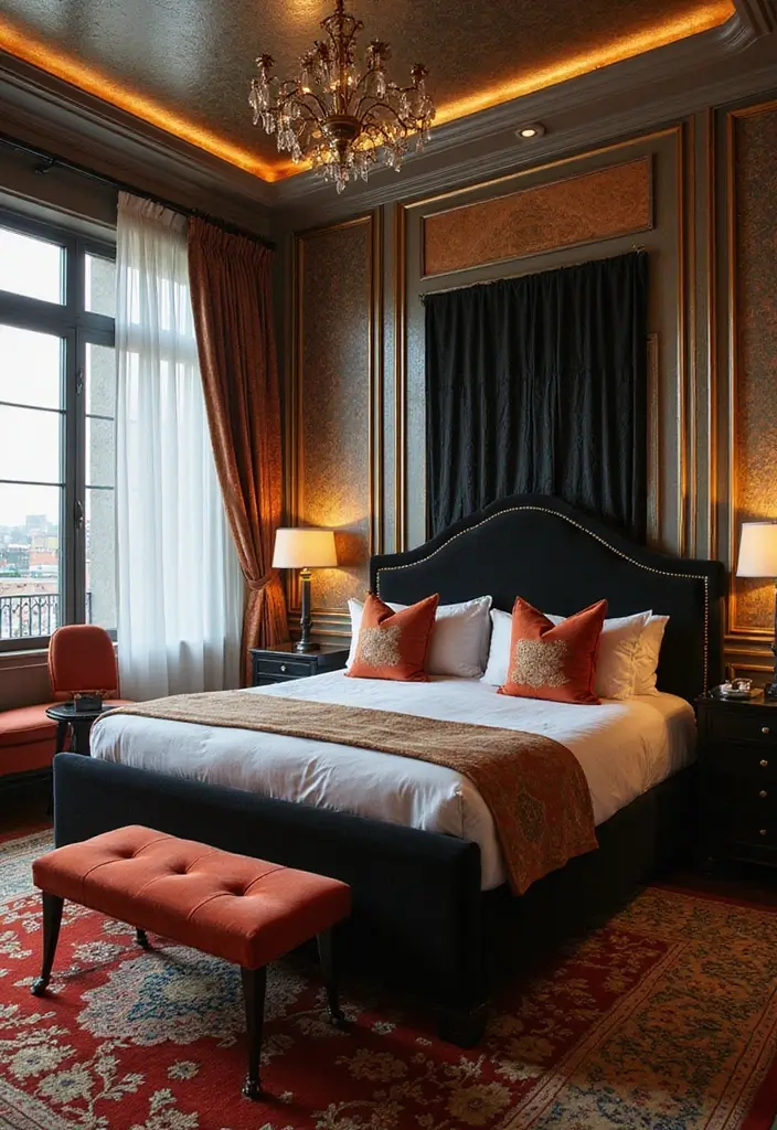 30 Black Bed Frame Bedroom Ideas That Look Strong & Stylish - 12. Black Bed Frame with Art Deco Inspiration