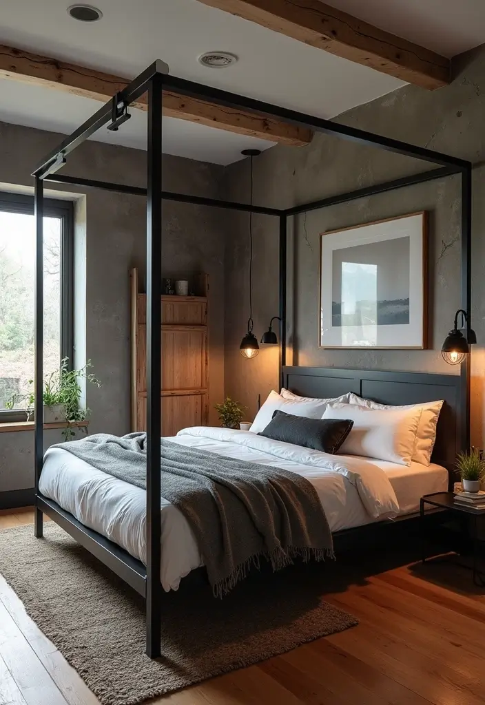 30 Black Bed Frame Bedroom Ideas That Look Strong & Stylish - 15. Industrial Black Bed Frame with Sliding Barn Door