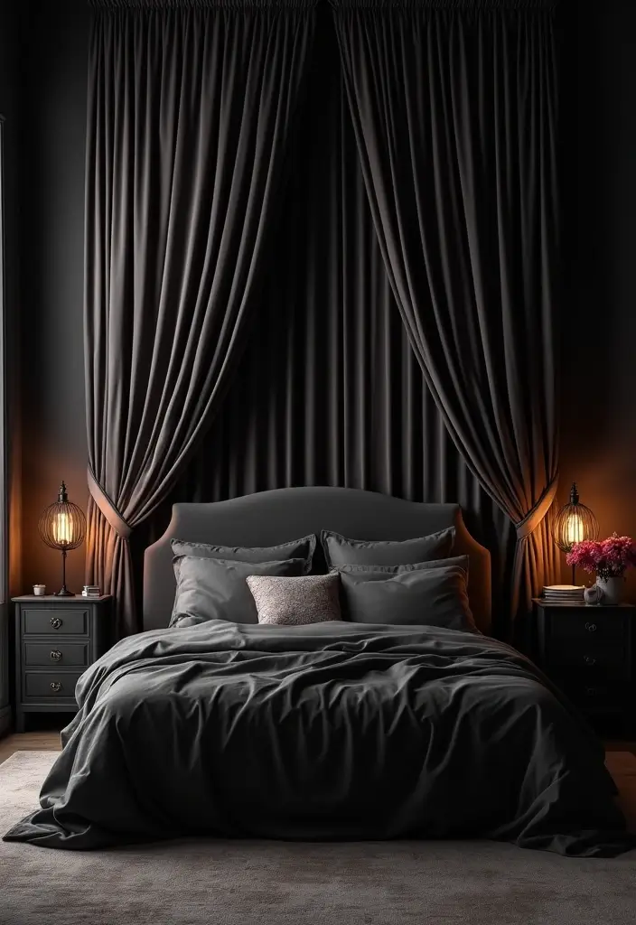 30 Black Bed Frame Bedroom Ideas That Look Strong & Stylish - 16. Black Bed Frame with Elegant Drapery