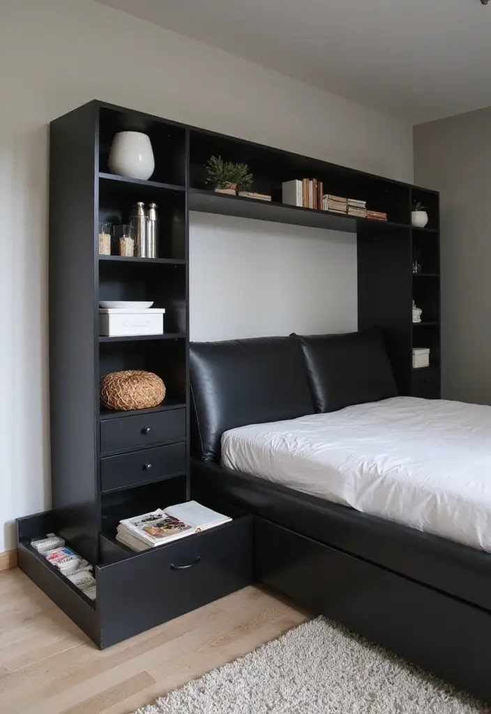 30 Black Bed Frame Bedroom Ideas That Look Strong & Stylish - 17. Black Bed Frame with Built-in Nightstands