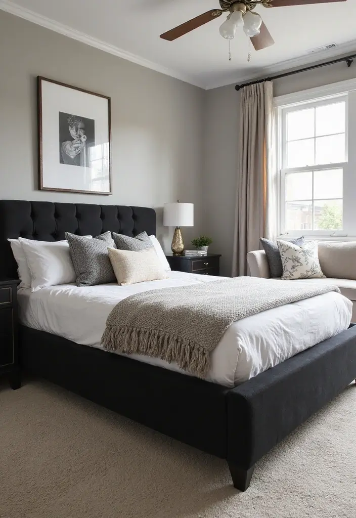 30 Black Bed Frame Bedroom Ideas That Look Strong & Stylish - 2. Upholstered Black Bed Frame for Added Comfort