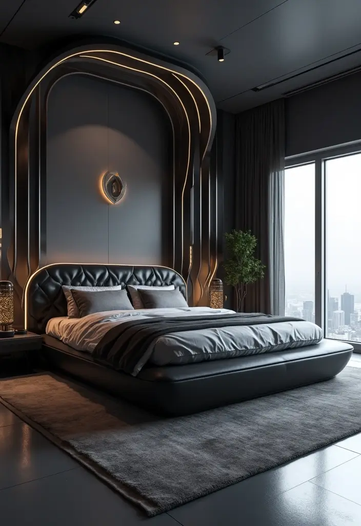 30 Black Bed Frame Bedroom Ideas That Look Strong & Stylish - 20. Black Bed Frame with a Futuristic Twist
