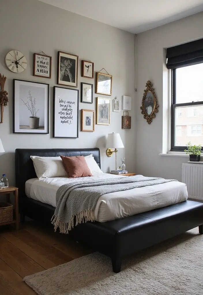 30 Black Bed Frame Bedroom Ideas That Look Strong & Stylish - 22. Black Bed Frame Surrounded by Wall Art