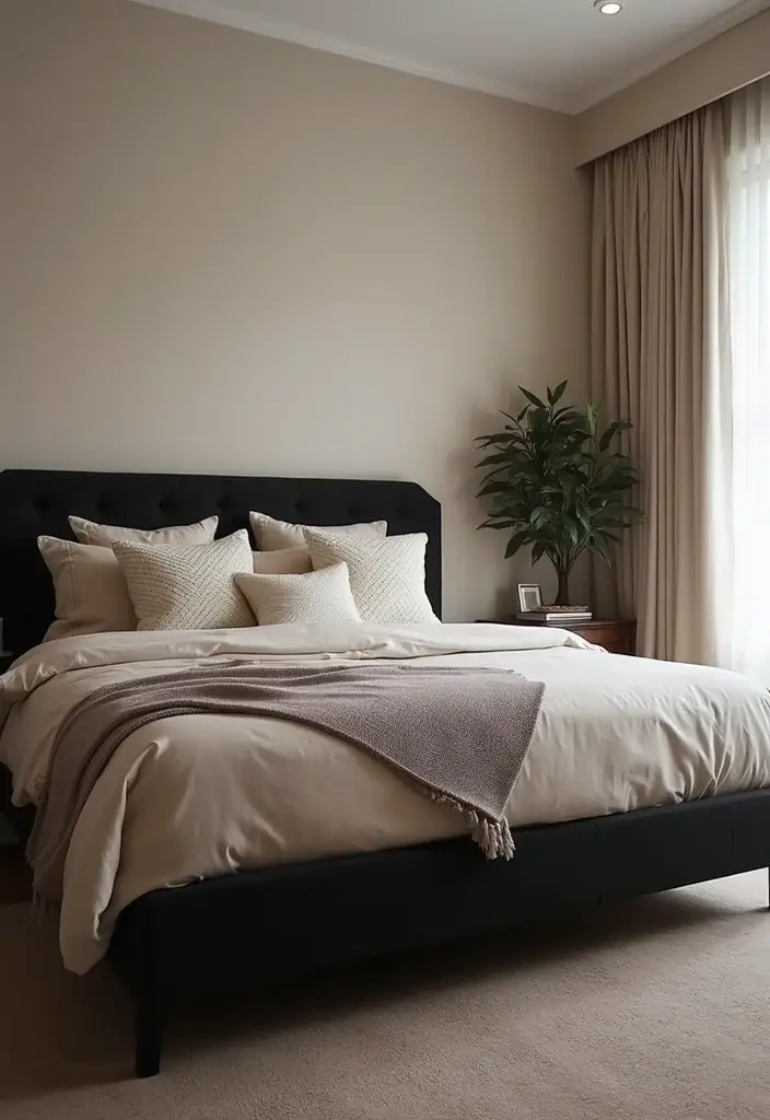 30 Black Bed Frame Bedroom Ideas That Look Strong & Stylish - 23. Black Bed Frame with Textured Throw Pillows