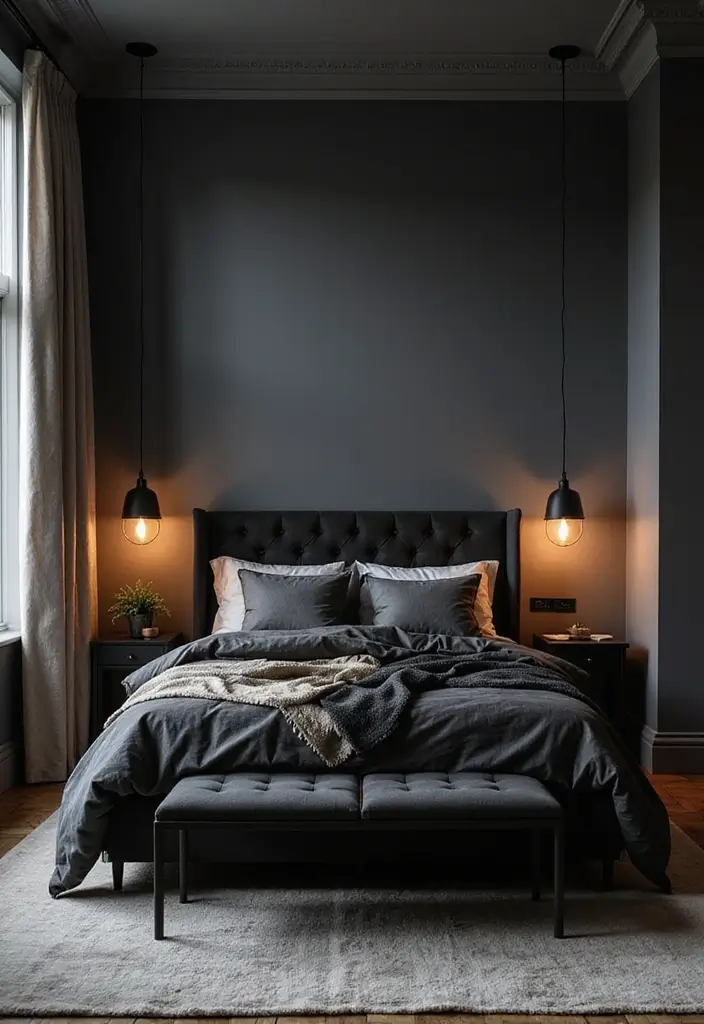 30 Black Bed Frame Bedroom Ideas That Look Strong & Stylish - 25. Black Bed Frame with Statement Lighting
