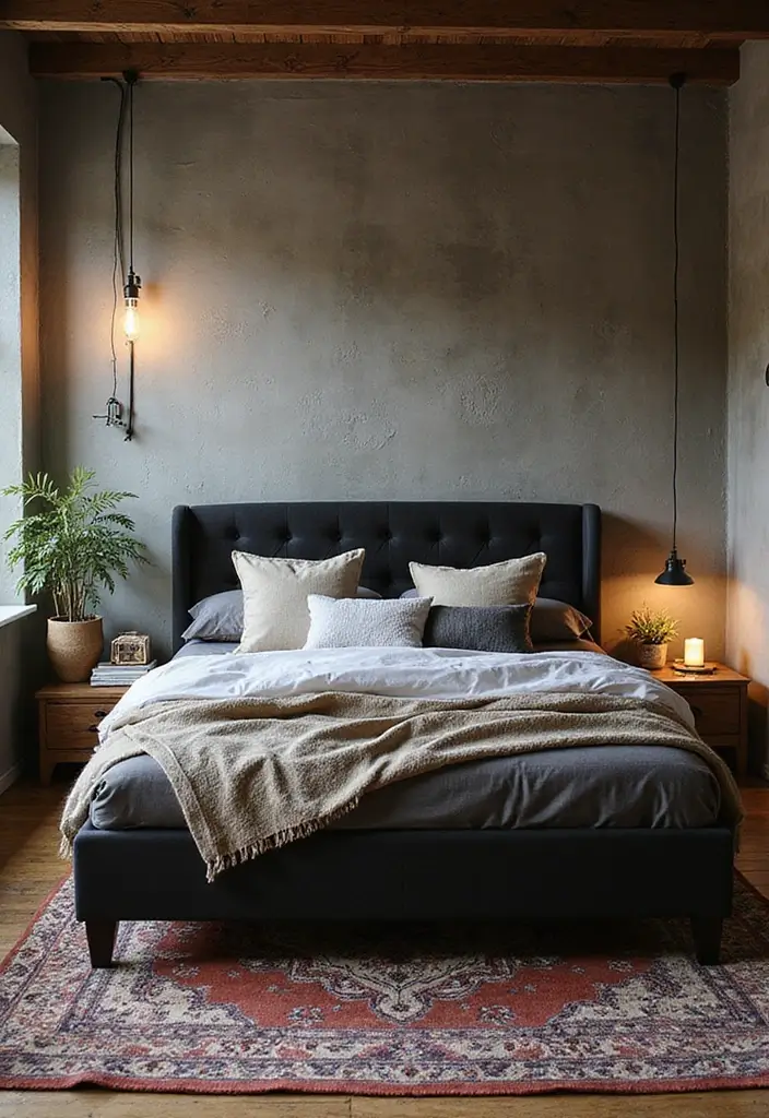 30 Black Bed Frame Bedroom Ideas That Look Strong & Stylish - 26. Black Bed Frame with Layered Rugs