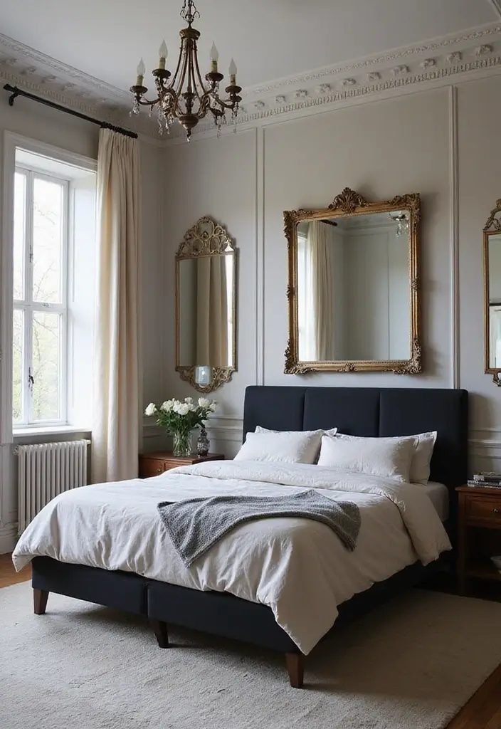 30 Black Bed Frame Bedroom Ideas That Look Strong & Stylish - 29. Black Bed Frame with Vintage Mirrors