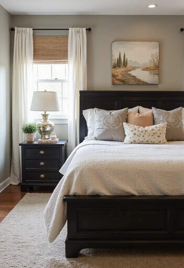 30 Black Bed Frame Bedroom Ideas That Look Strong & Stylish - 30. Black Bed Frame with Seasonal Decor