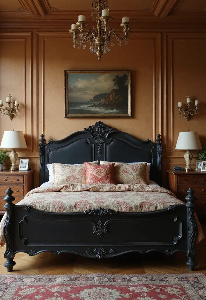 30 Black Bed Frame Bedroom Ideas That Look Strong & Stylish - 4. Vintage Black Bed Frame with Intricate Details