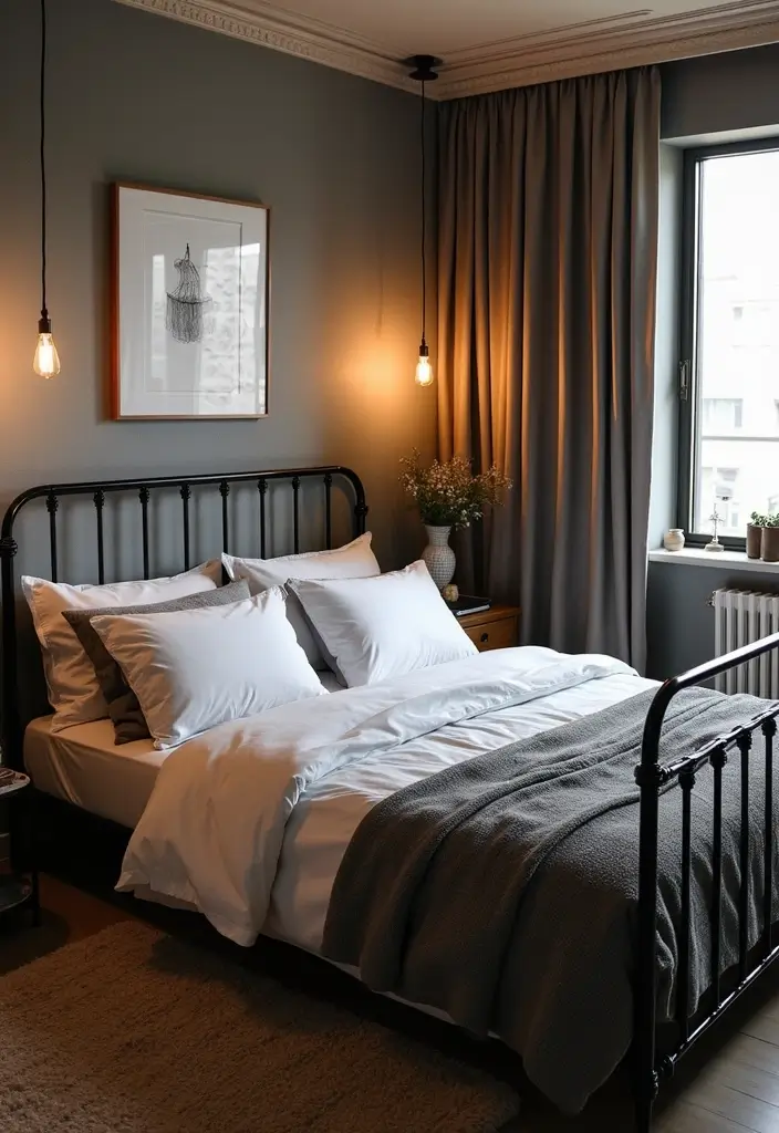 30 Black Bed Frame Bedroom Ideas That Look Strong & Stylish - 7. Industrial Black Bed Frame with Edison Bulbs
