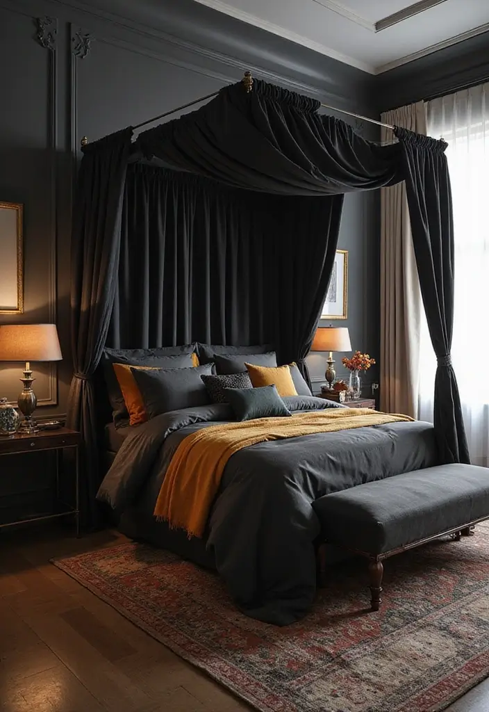 30 Black Bed Frame Bedroom Ideas That Look Strong & Stylish - 8. Black Canopy Bed for Dramatic Elegance