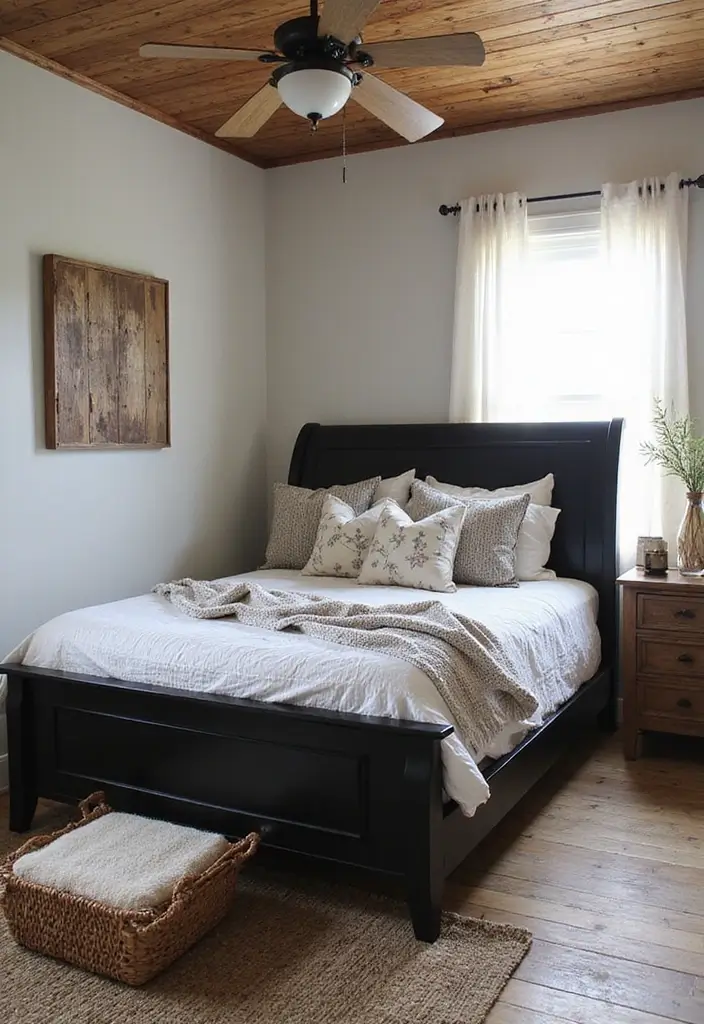 30 Black Bed Frame Bedroom Ideas That Look Strong & Stylish - 9. Black Rustic Bed Frame with Farmhouse Charm