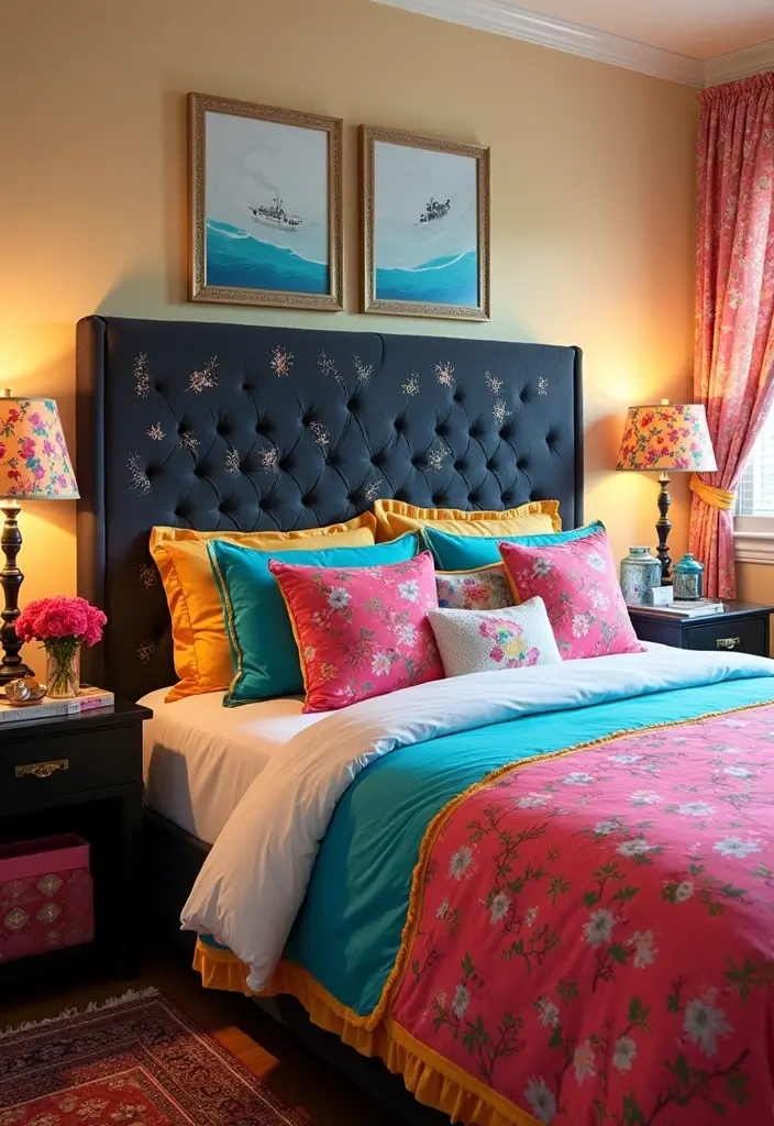 30 Black Headboard Bedroom Ideas That Make a Bold Statement - 10. Playful Patterns