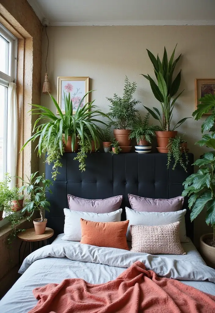 30 Black Headboard Bedroom Ideas That Make a Bold Statement - 22. Greenery and Black
