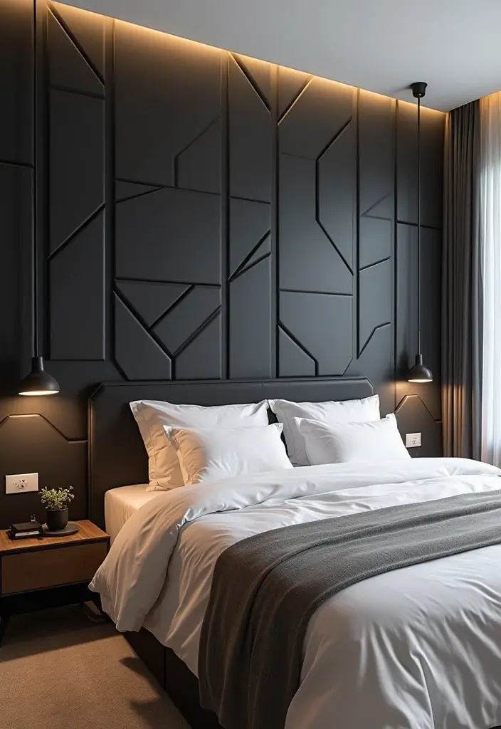 30 Black Headboard Bedroom Ideas That Make a Bold Statement - 24. Geometric Design