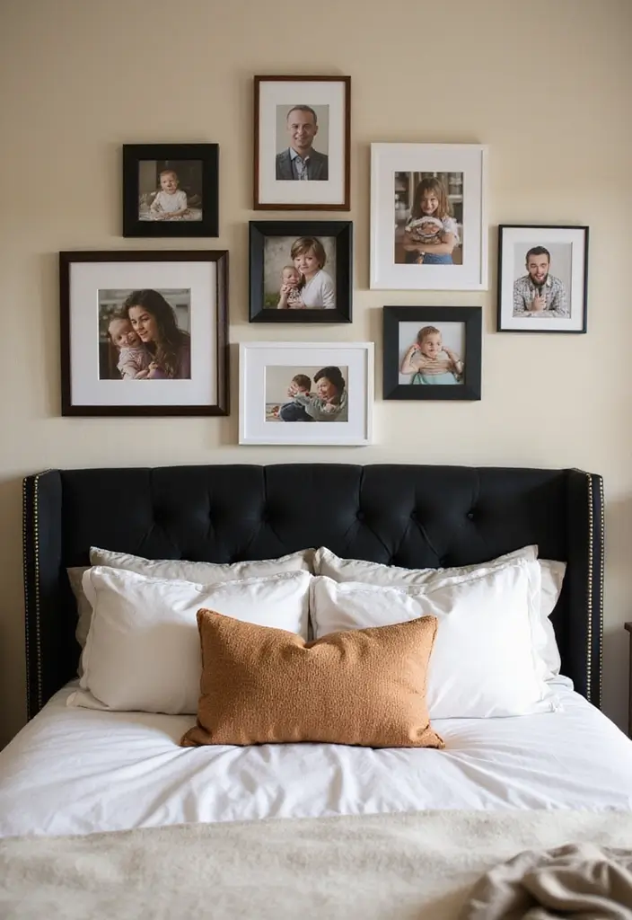 30 Black Headboard Bedroom Ideas That Make a Bold Statement - 27. Family Photos